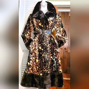 Luxurious Vintage faux mink & leopard print fur princess wrap pea coat collar L